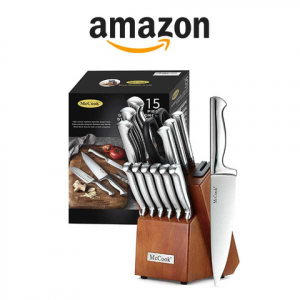 40% Off McCook 15-Pc German Stainless Steel Kitchen Knife Block Set with Built-in Sharpener